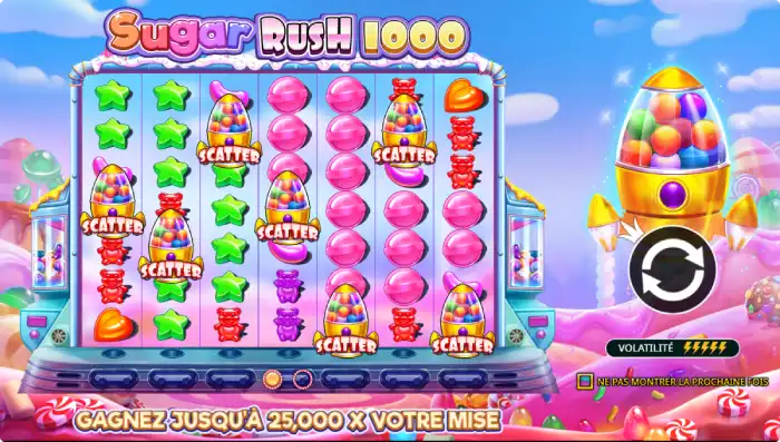 Gameplay de Sugar Rush 1000 – clusters de bonbons et multiplicateurs sur la grille 7x7